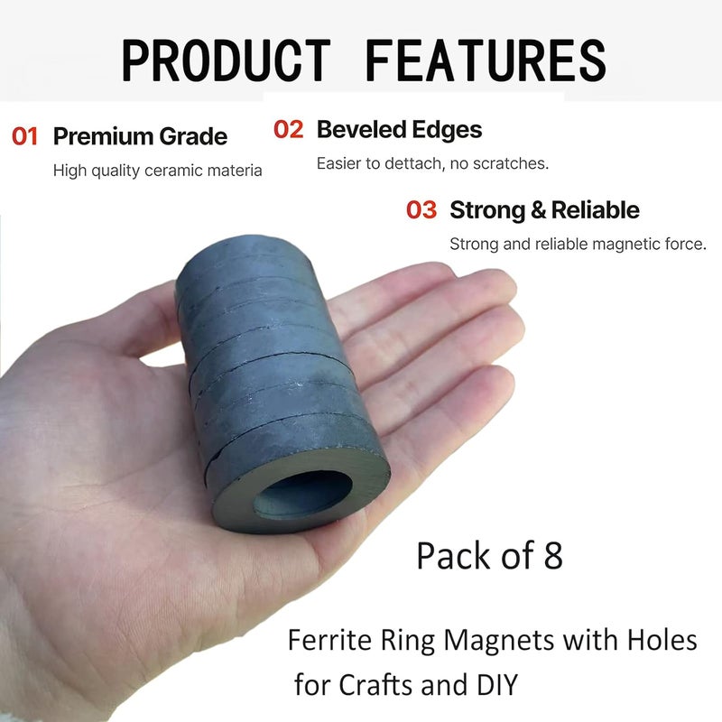 AOAUTO Ferrite Ring Magnets with Holes,OD40 x ID22 x 8mm Round Disc Donut Circle Hole Magnet for Crafts and DIY - Pack of 8 - Image 3